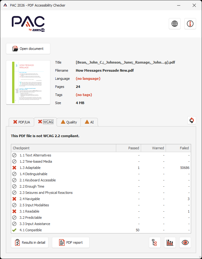 PAC 2026 WCAG report for the original PDF: the summary states the WCAG requirements checked by PAC are not fulfilled, with failures across the machine-checkable criteria.